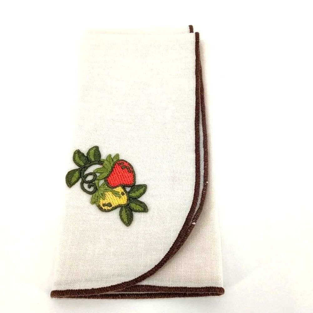 Vintage Cream Linen Napkin with Embroidered Strawberry and Brown Trim 16"x16"